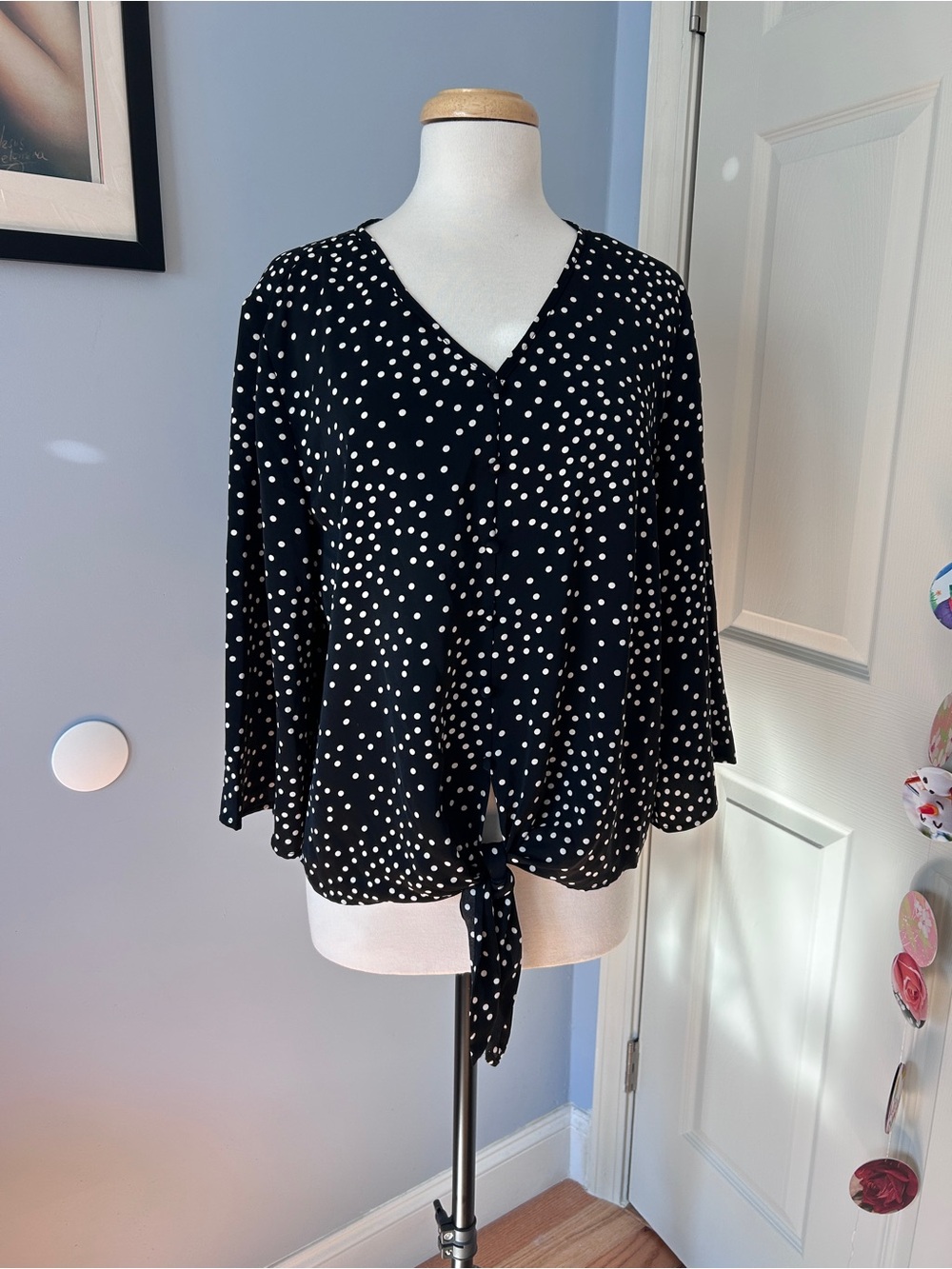 Black Polka-Dot Tie-Front V-Neck Blouse